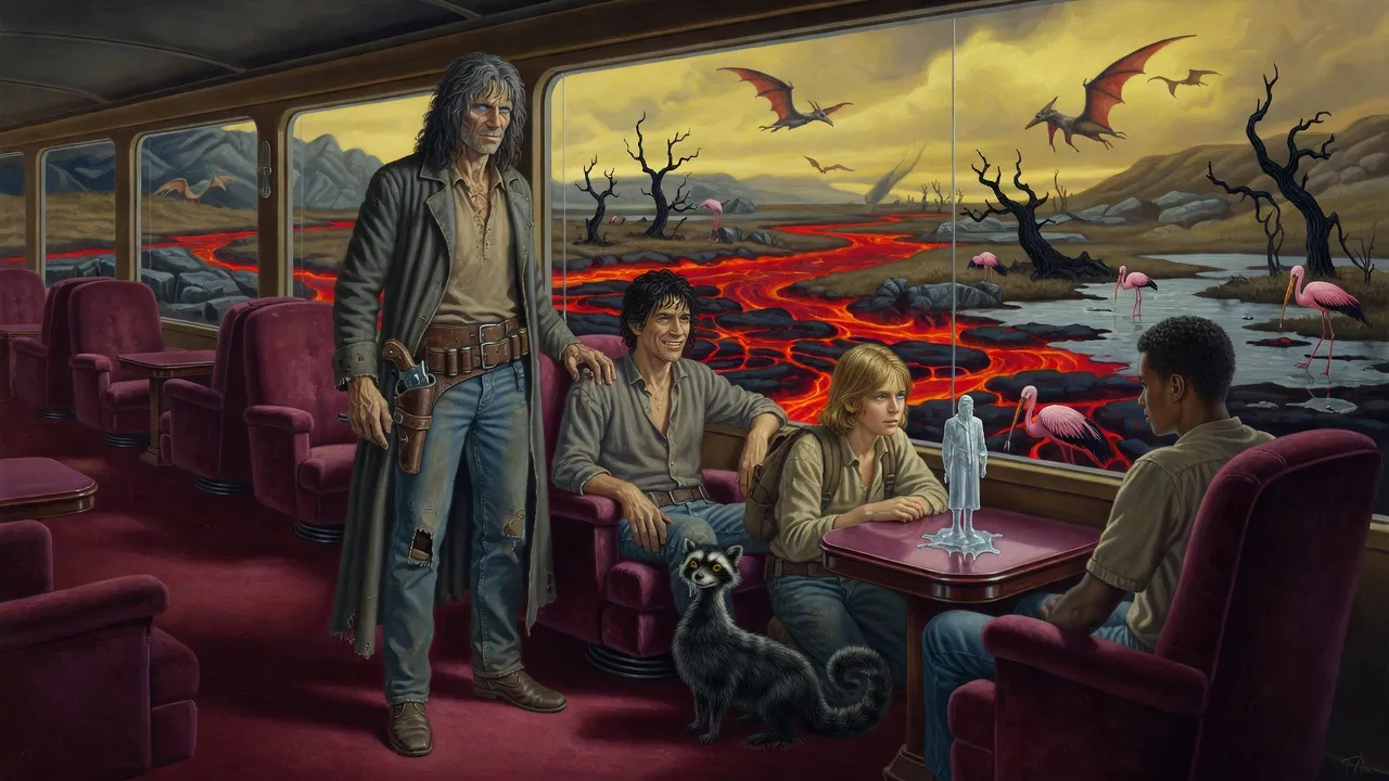 Inside a luxurious train car with transparent walls, five travellers watch a poisoned landscape of lava, black glass and stunted trees stream past.