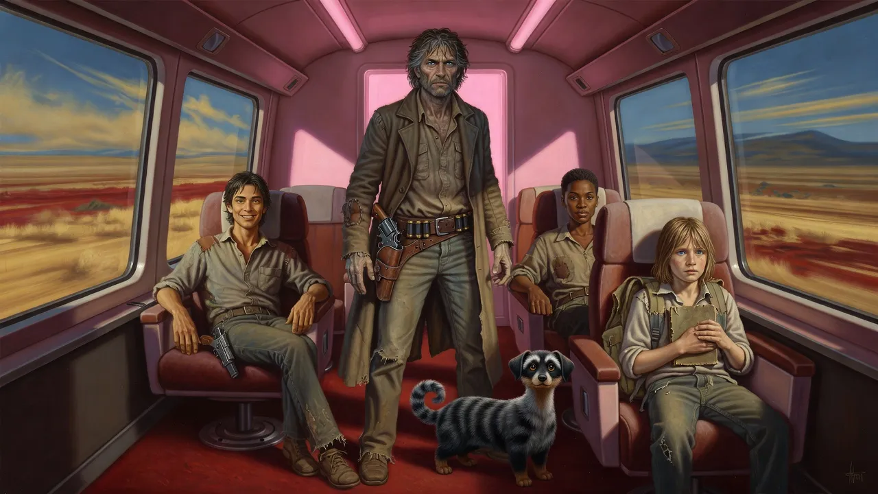 Roland stands in the aisle of the transparent-walled train car facing a blank glowing panel, his companions seated behind him.