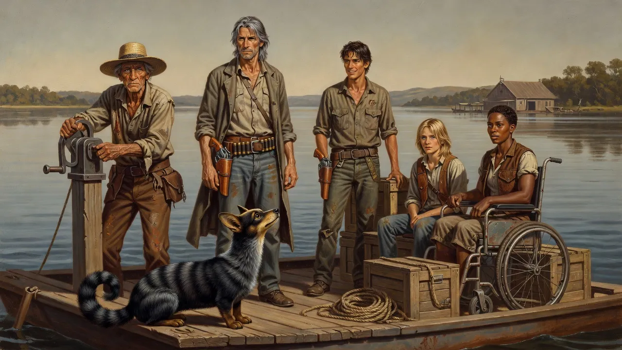 A billy-bumbler sits at the edge of a raft ferry on a wide grey river, facing back toward the shore it left with its nose raised, while an old ferryman cranks and four travelers watch.