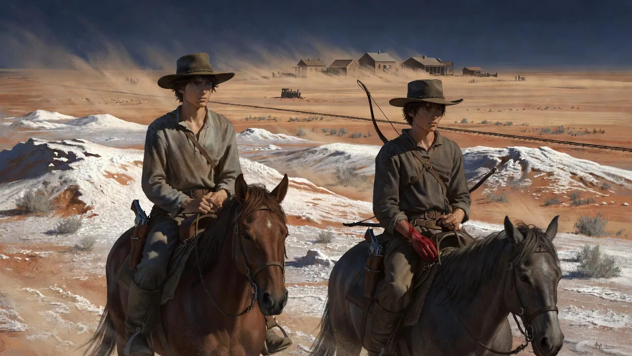 Two teenage riders cross glittering white salt hills under a harsh sky toward a small wooden town, a toppled little train far behind them.