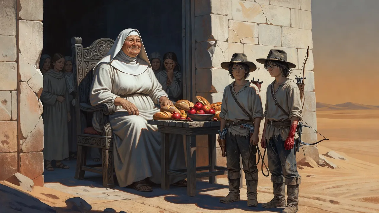 An enormous woman in white with a winged hood laughs from a carved wooden throne at the gate of a walled desert retreat, two dusty boys standing before her with their horses.