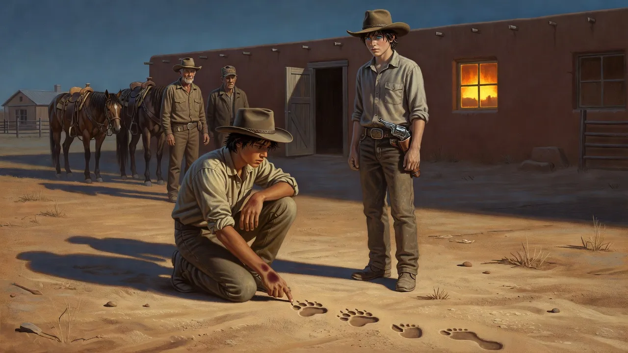 A ranch yard at sunrise with a bunkhouse door hanging open; a teenage boy crouches over a line of tracks in the dust while another stands over him and lawmen keep back with the horses.