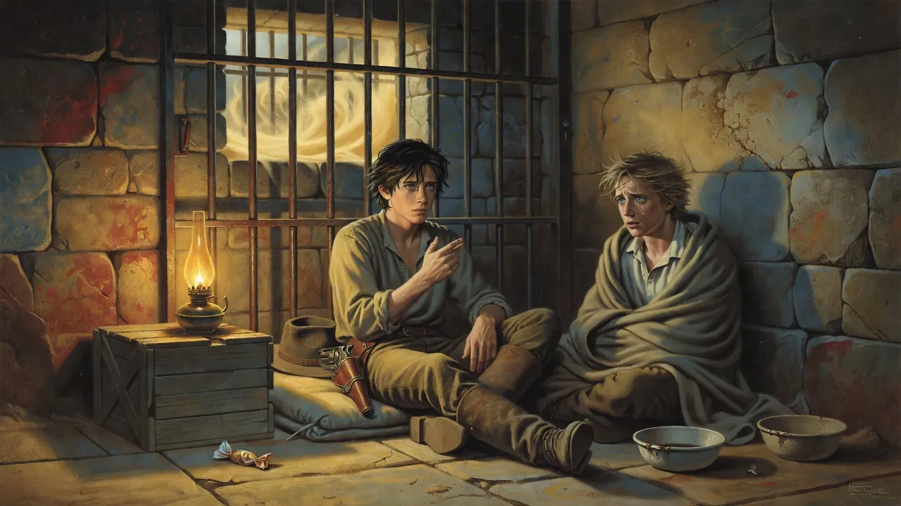 In a lamplit jail cell a teenage gunslinger sits on a floor mattress with his back to the bars, talking, while a younger boy wrapped in a blanket listens beside him.