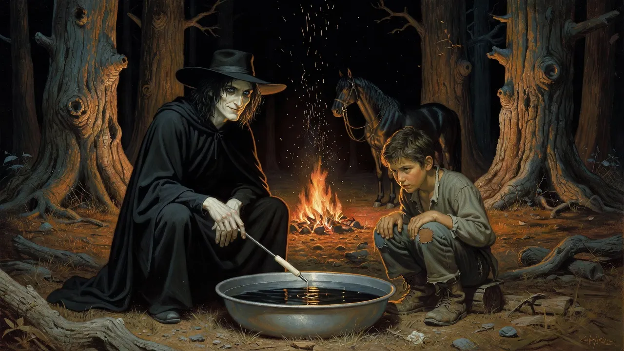 At a campfire among enormous tree trunks a gaunt man in black passes a slim rod over a wide silver basin while a boy hunches over the water staring into it.