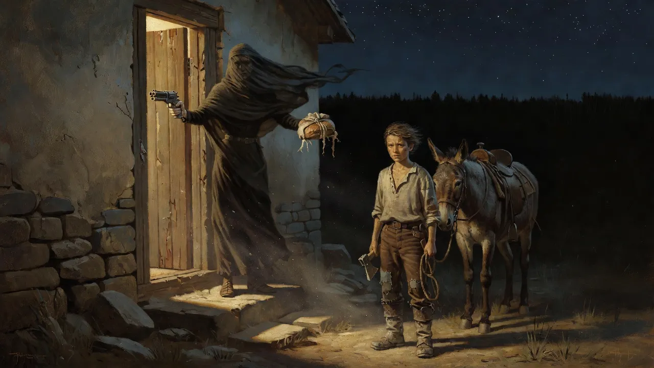 A veiled woman in a long dark dress stands in a lamplit cottage doorway holding out a squat four-barreled pistol and a loaf to a boy with a mule.