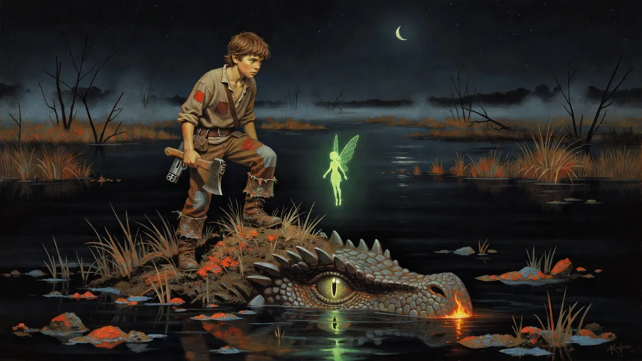 At night in a black swamp a boy balances on a mound of mud and grass, following a tiny green glowing fairy, while a huge reptilian eye breaks the water beside his boot.