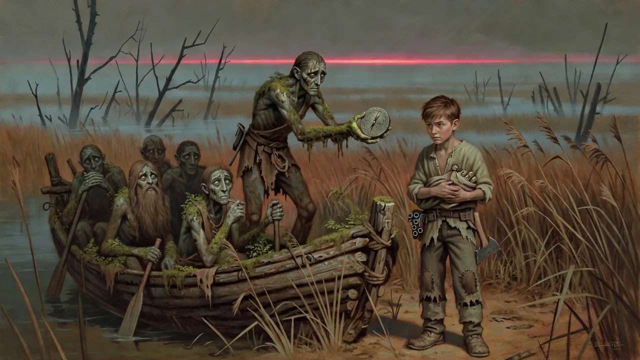 In dawn mist a crude log boat crewed by gaunt plant-covered swamp people noses against a reed bank; the helmsman holds out a small steel disc to a boy on shore.