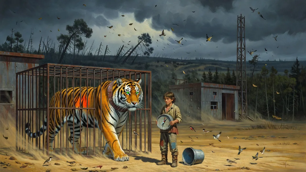 On a bleak height beside a squat outpost and a steel girder tower, a huge tiger paces an iron cage while a boy stands before the bars and frozen birds fall around him.