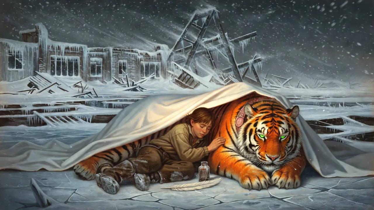 A boy and a huge tiger lie asleep side by side beneath a softly glowing white sheet while, through its lifted edge, a forest is flattened and a steel tower tears away in ice and wind.