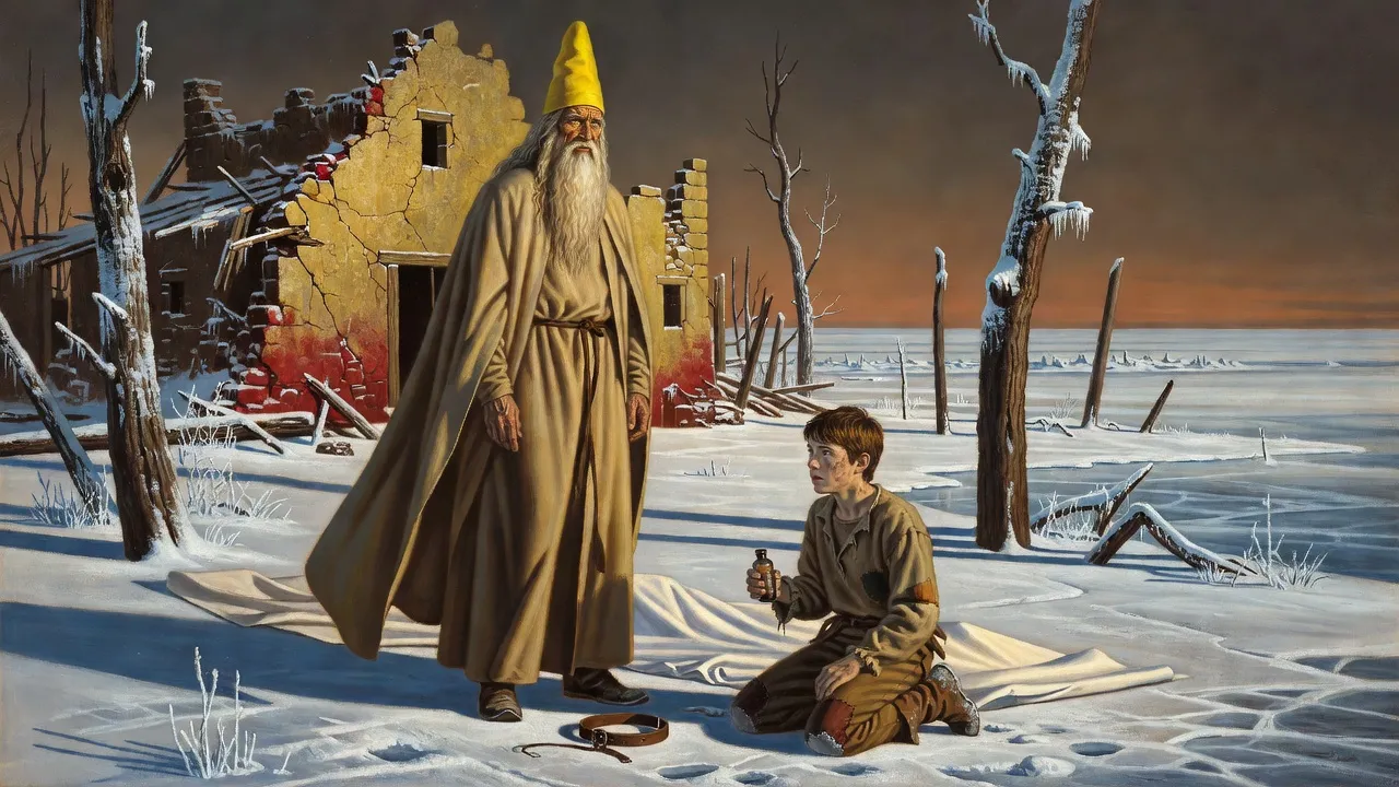 In hard morning light over flattened iced trees, a tall old man with a long white beard and a conical yellow cap stands where a tiger stood, an empty collar at his feet, as a boy kneels before him.