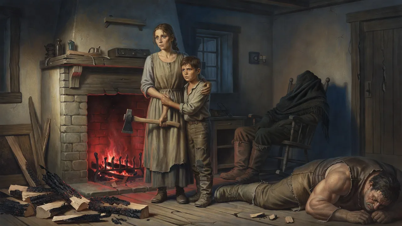 In a cottage room lit by the hearth a woman with clear wet eyes holds a woodsman’s ax lowered in both hands, her son beside her, a man’s boots lying still at the edge of the frame.