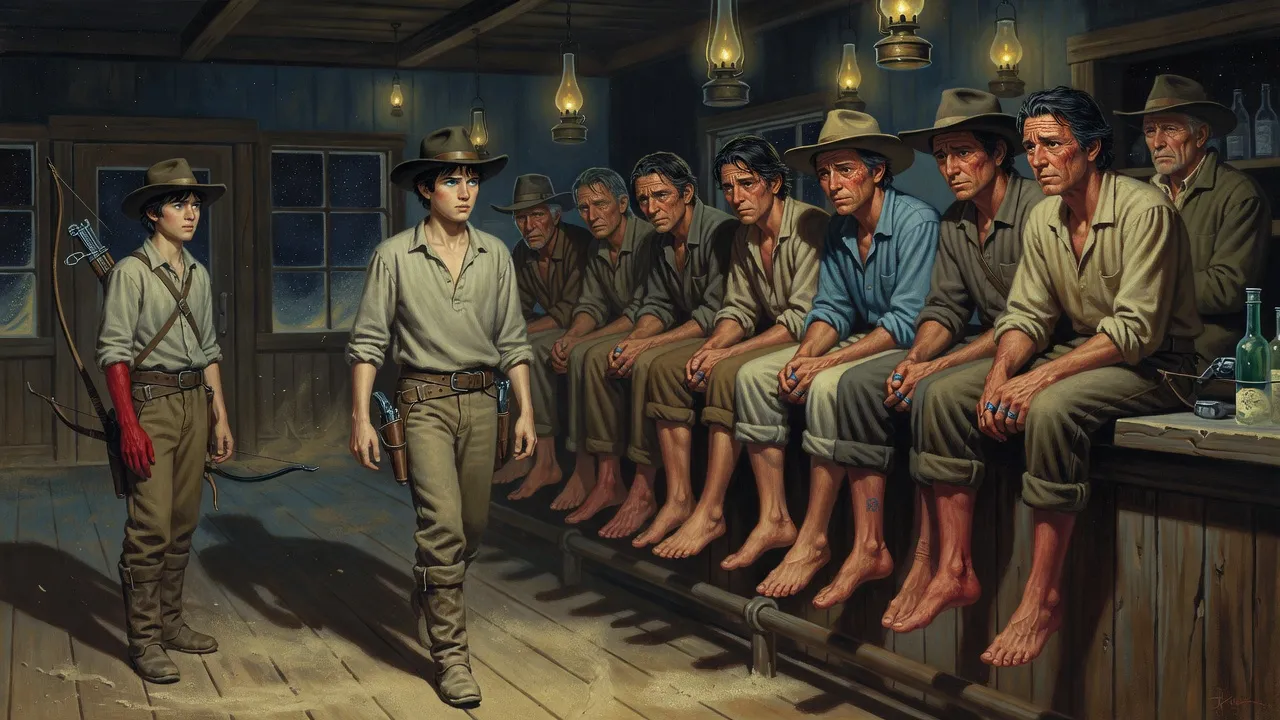 In a lamplit saloon a row of rough miners sit along the bar with bare feet dangling while a teenage gunslinger walks the line studying their ankles.