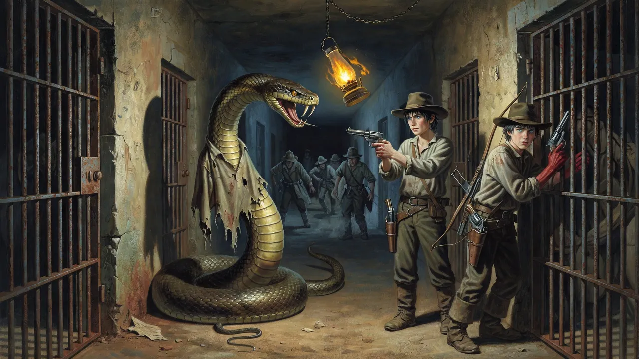 In a narrow jail corridor under a swinging lamp a thick snake as long as a man rears between the cells while a teenage gunslinger levels his revolver at its head.