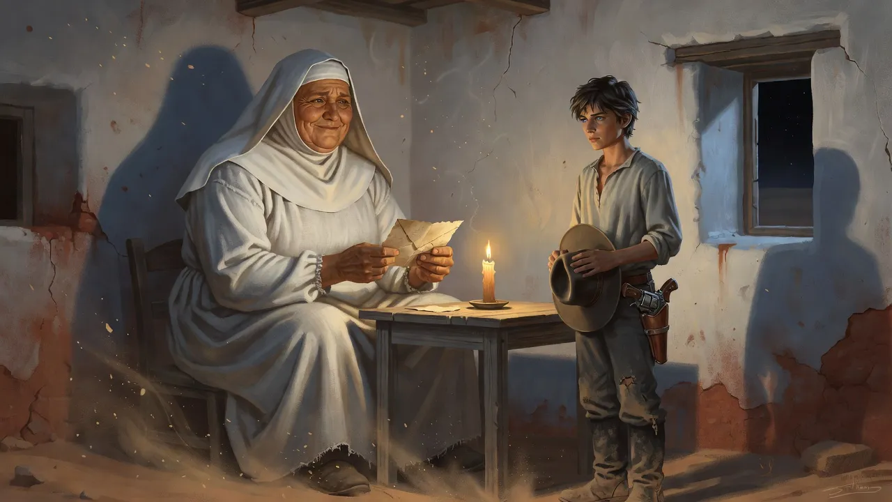 In a small candlelit room a huge woman in white holds out a worn folded letter to a teenage boy who stands with his hat in his hands.