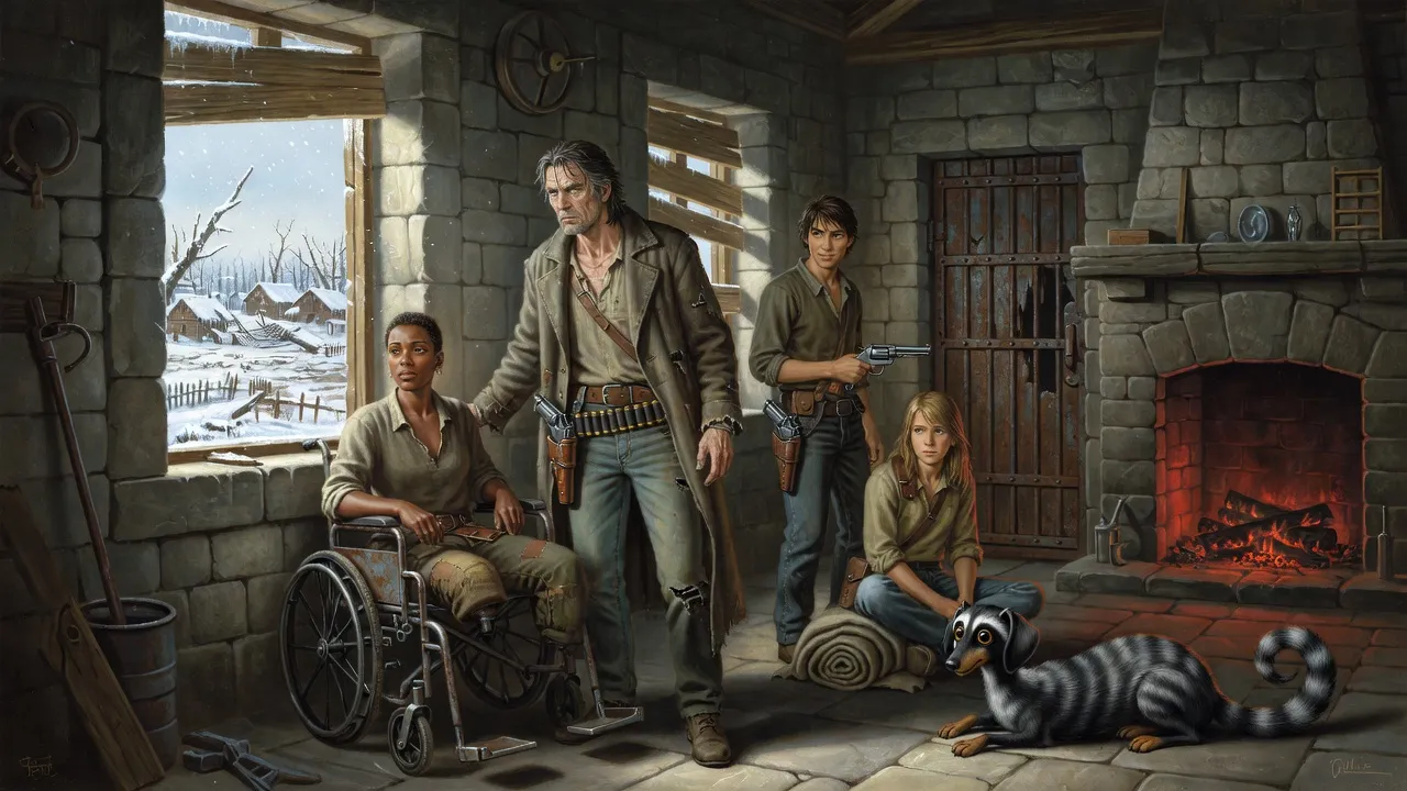 A woman in a wheelchair and a tall gunslinger look out through an unboarded window at a village flattened under hard white sun, two companions and a sleeping bumbler behind them.