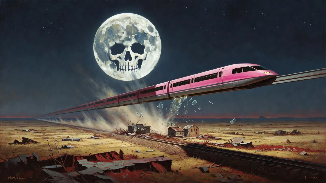A pink bullet-nosed monorail tears across a dead land at night under a skull-faced full moon, smashing through a ruined town.