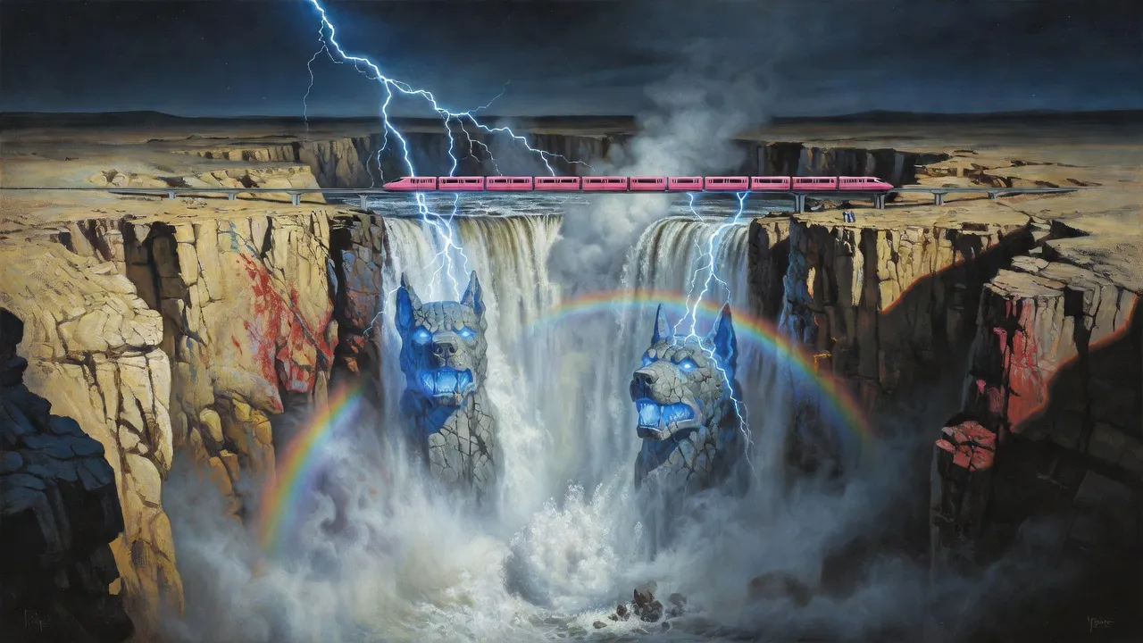 A vast moonlit chasm with a waterfall and two enormous dog-head rock formations throwing lightning up toward a rail.