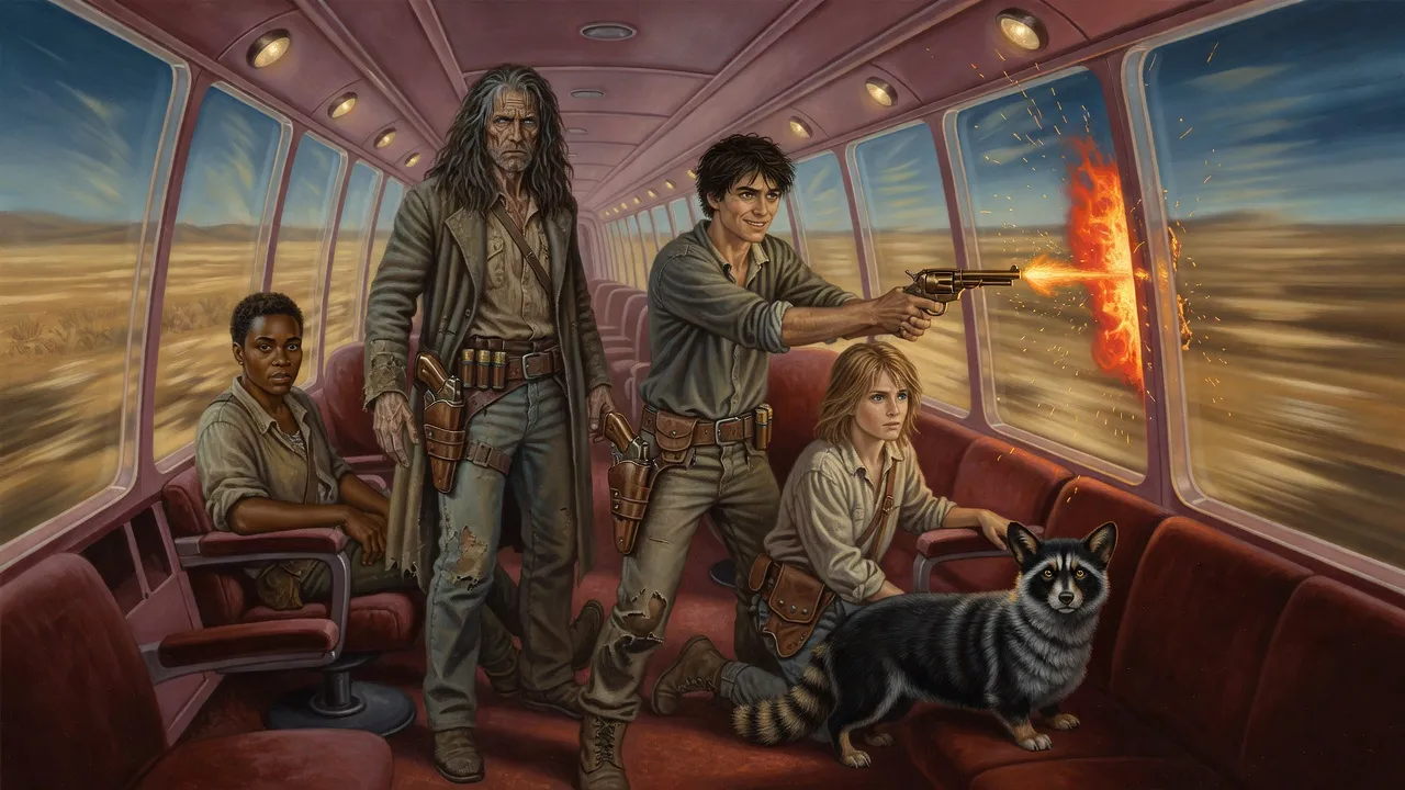 Eddie fires a revolver into a burning panel inside the monorail coach while the others crouch.