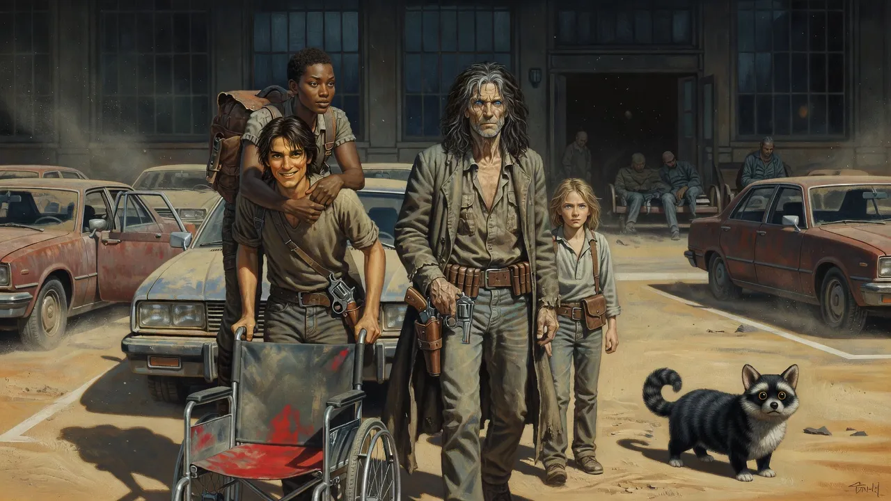 In a crowded parking lot outside a dead railway station, Eddie wheels a new wheelchair toward Susannah, who sits on the steps.