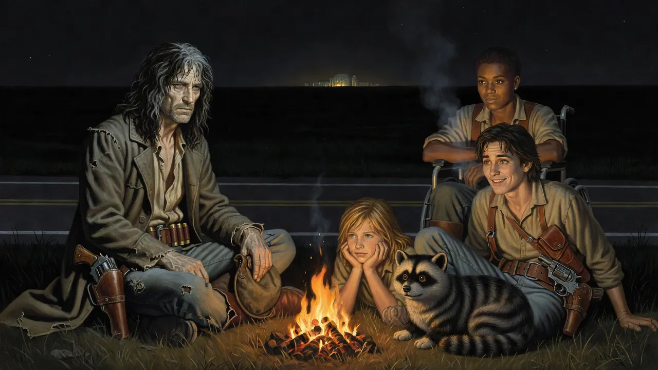 Roland speaks across a small campfire while the other four listen on a dark roadside.