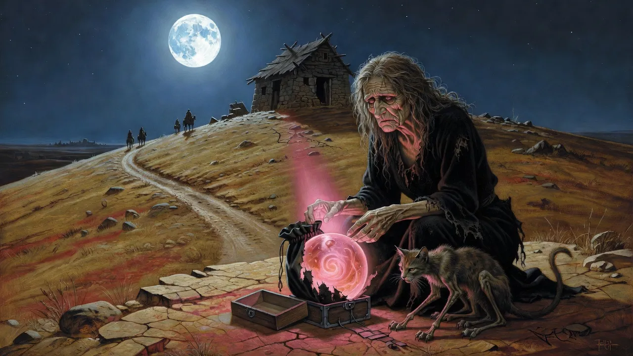 On a moonlit hilltop an old woman lifts a glowing pink glass ball from a box while three riders leave down the track.