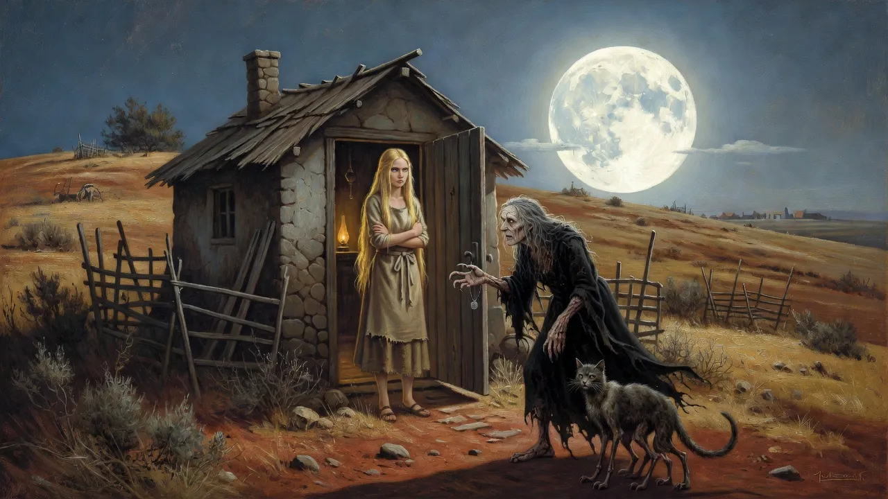 A tall girl hesitates at the lamplit door of a hilltop hut where an old woman beckons under a full moon.