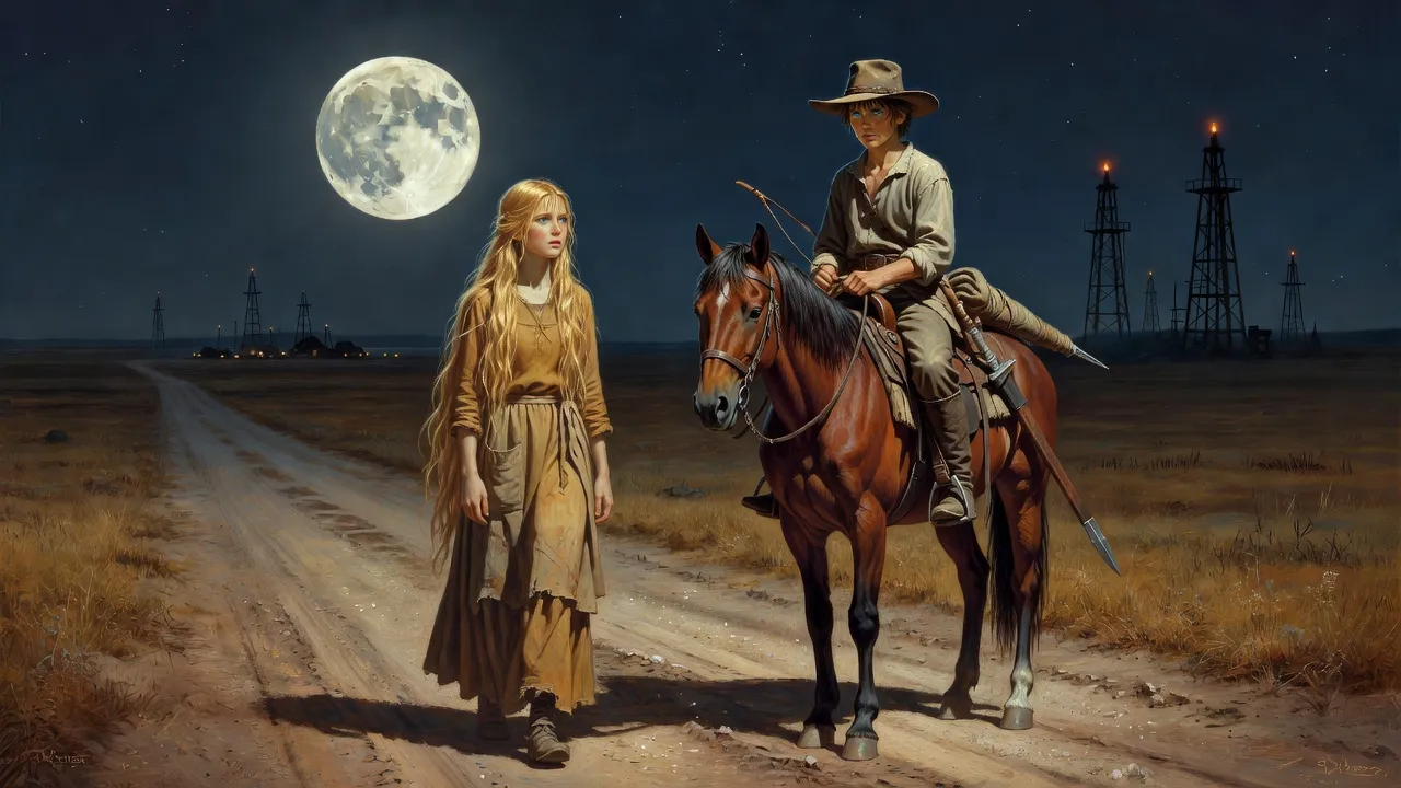 On a moonlit road a girl looks up at a boy on horseback carrying a bow and a lance.