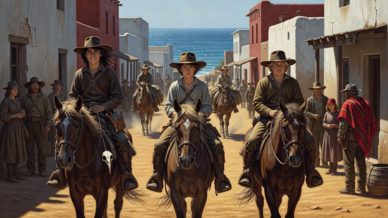 Three boys on horseback ride abreast up the sunlit main street of an adobe seaside town.
