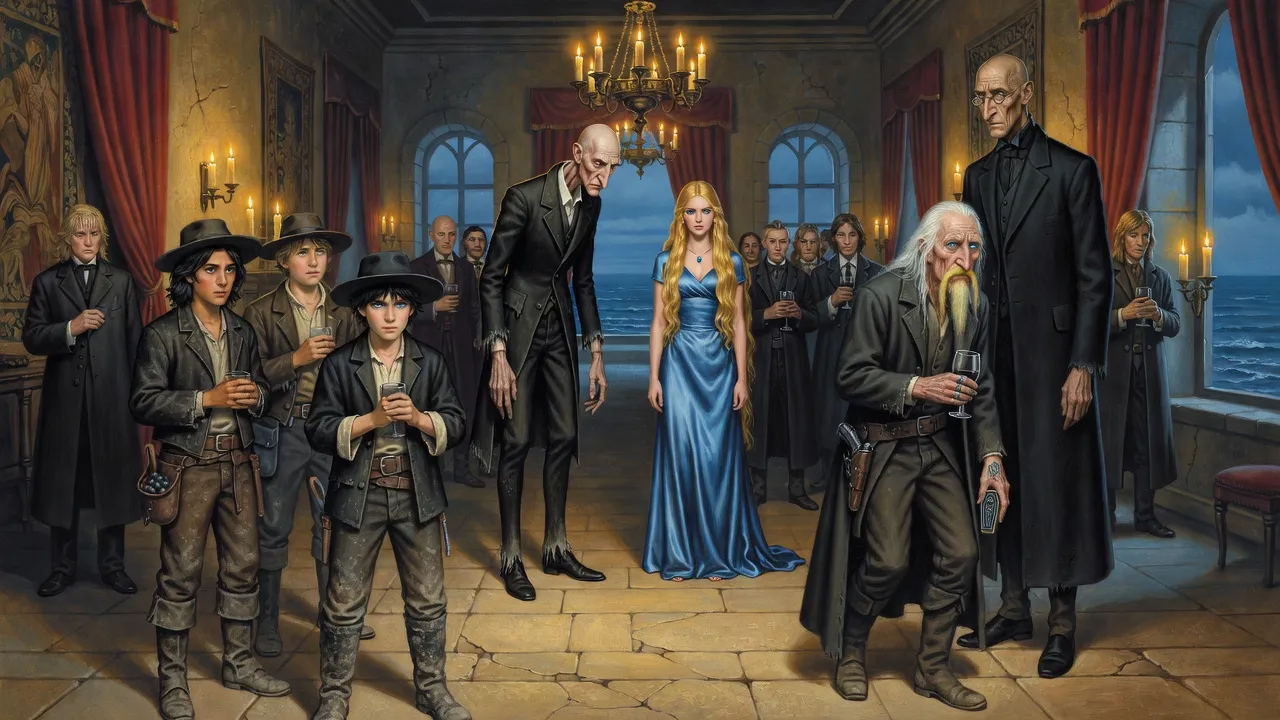 In a candlelit hall of dark-clad guests, a girl in blue silk stands beside a tall stork-like old man while a boy stares at her.