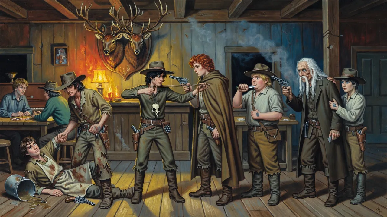 In a smoky saloon a boy aims a slingshot at a gunman while a chain of weapons freezes everyone in place.