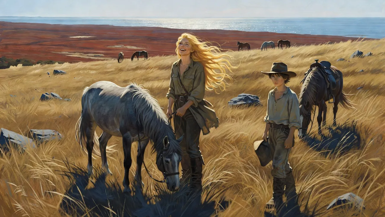 Two young people stand close together in the long grass of a slope above the sea while their horses graze.
