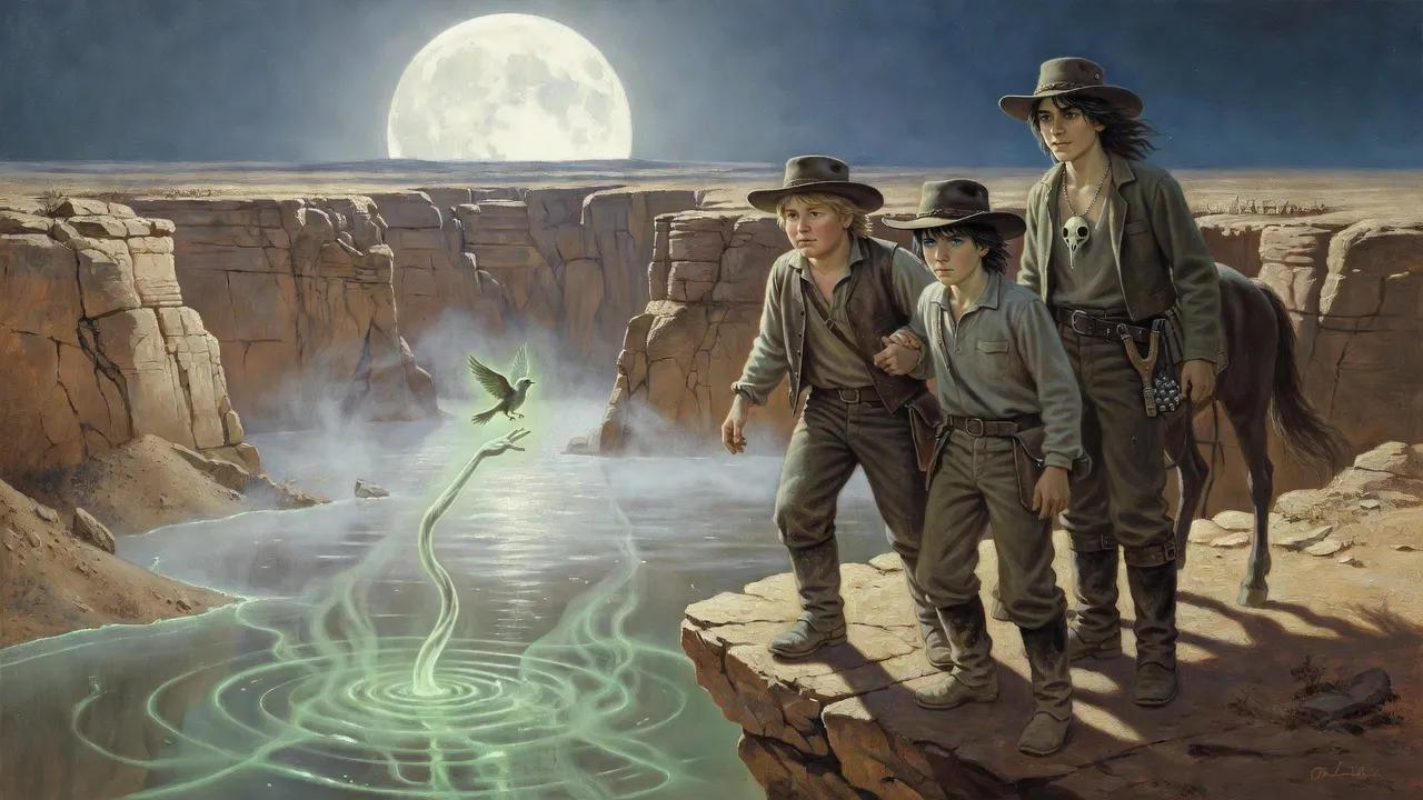 Three boys stand at a moonlit canyon rim above a glowing green haze that reaches up to snatch a bird.