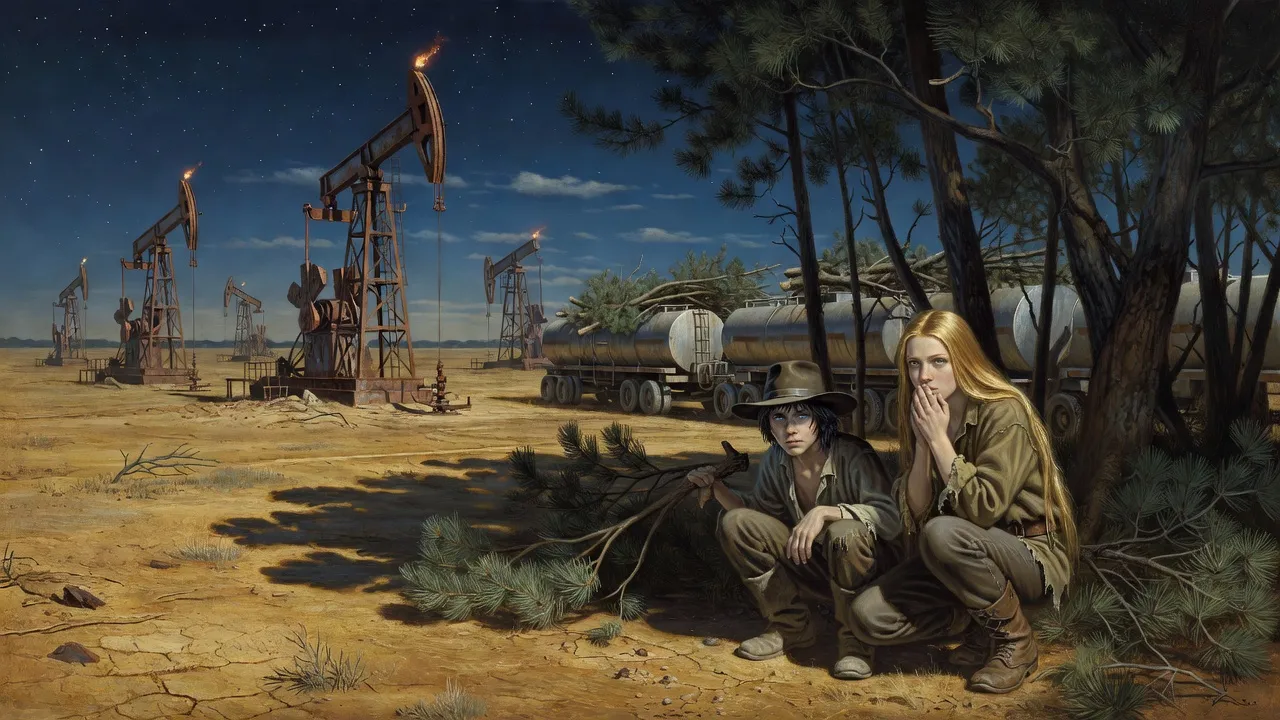 A boy and a girl crouch at the edge of a moonlit grove hiding a row of silver tanker trailers.