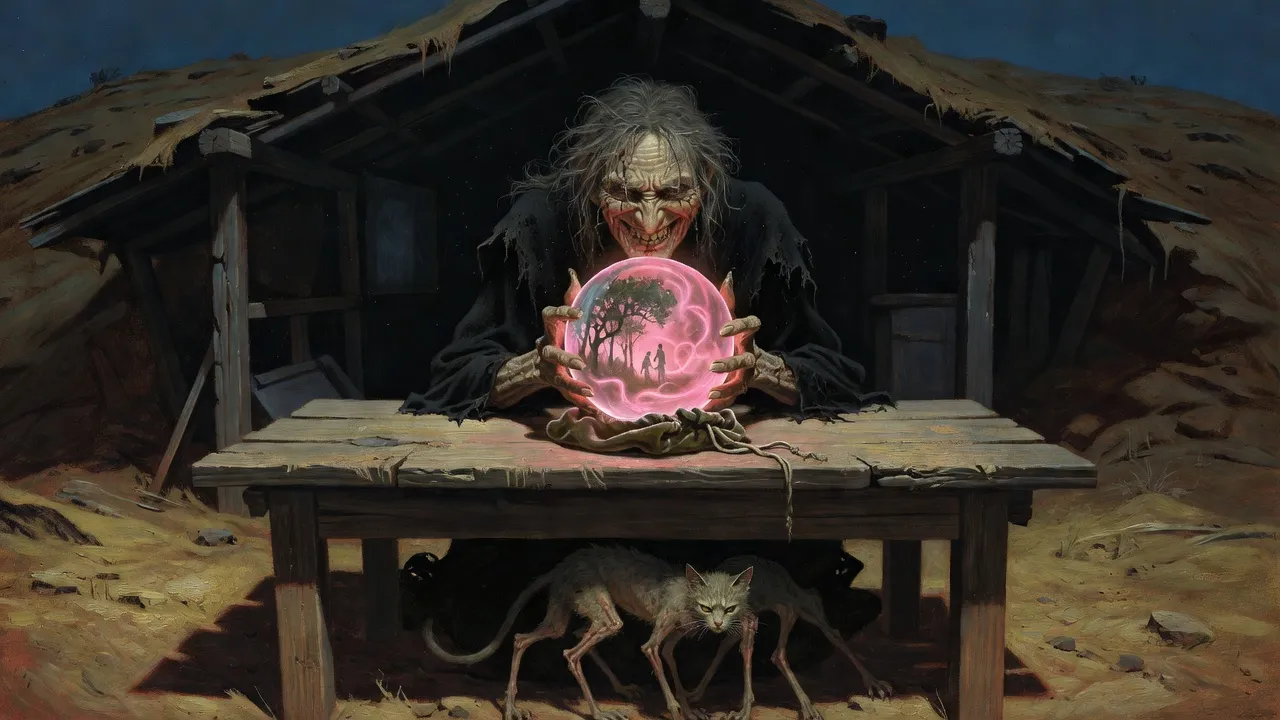 An old woman’s face glows pink over a glass ball in a dark hut while a six-legged cat watches.