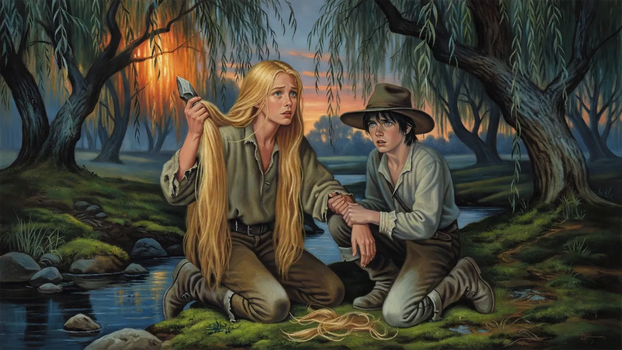 A blank-eyed girl holds a stone to her hair while a boy grips her wrist in a willow grove.