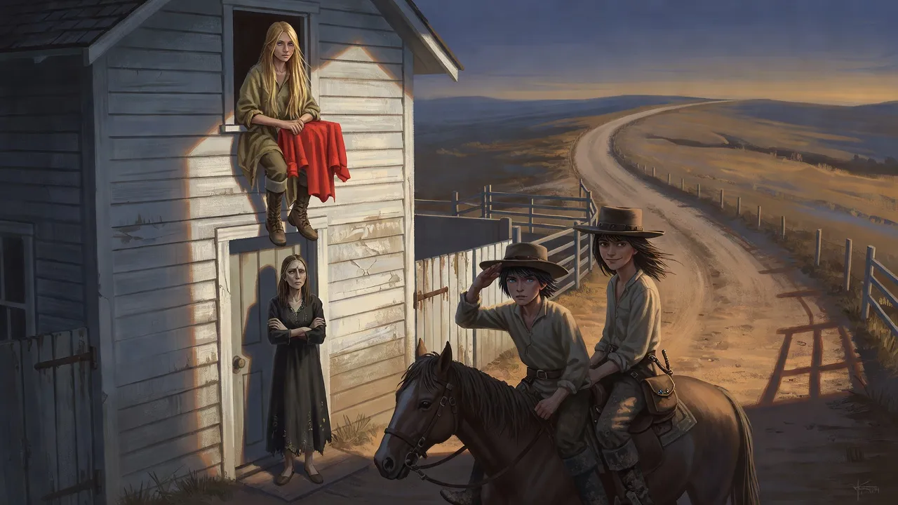 A girl sits at an upstairs window as a boy riding past with a friend raises a hand to her in salute.
