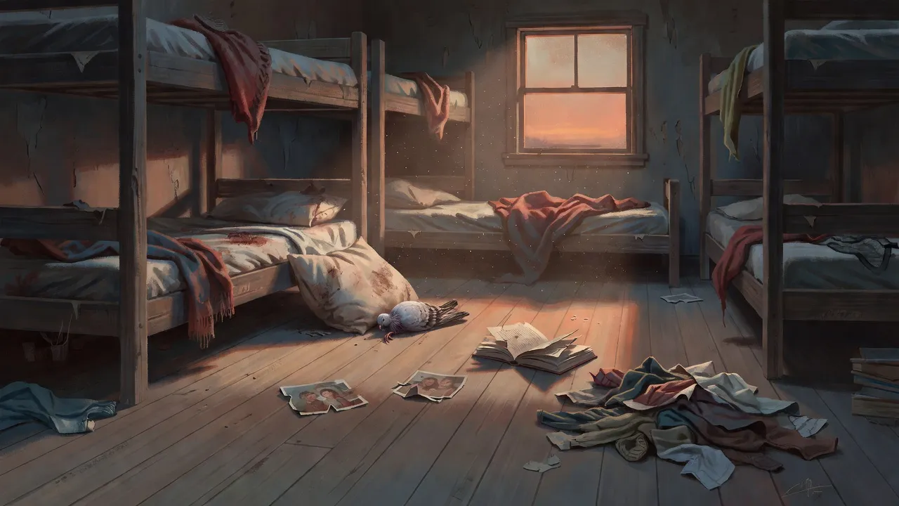 A wrecked bunkhouse interior with a dead pigeon on a stripped bunk and a torn photograph on the floor.