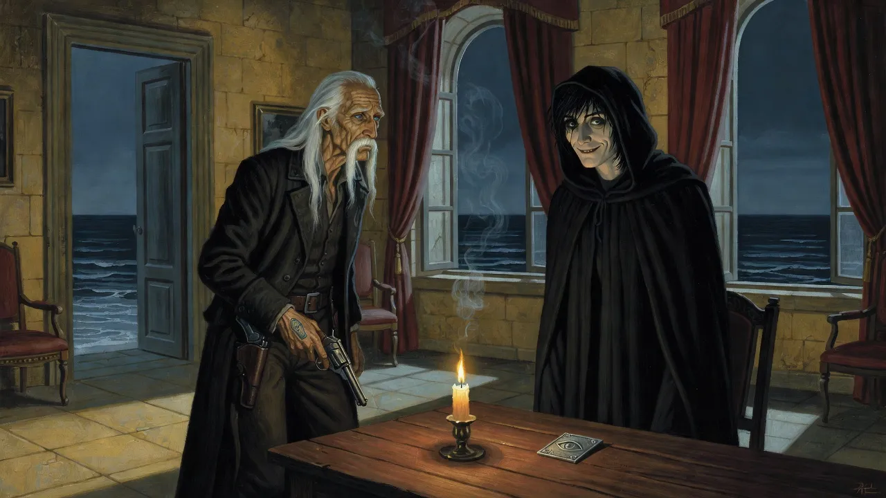 In a chancellor’s candlelit room a white-haired gunman half draws on a robed figure whose face seems to shift.