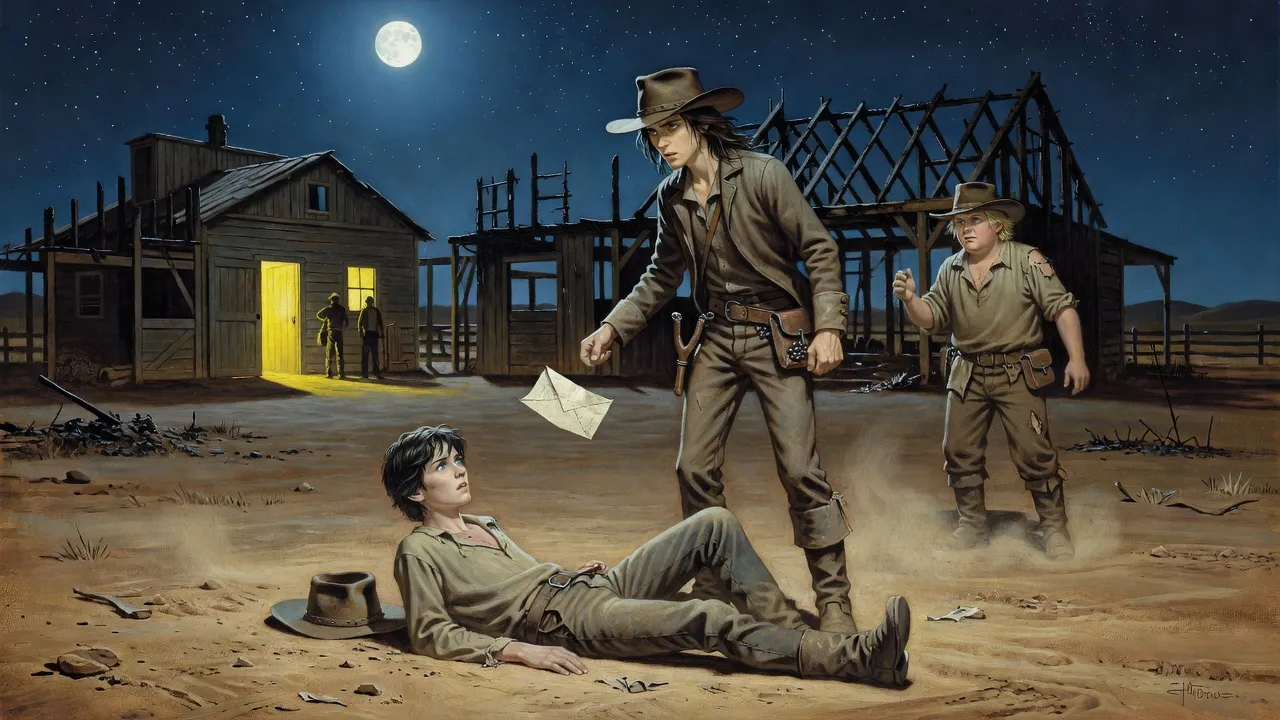 One boy stands over another sprawled in the dust of a moonlit ranch yard while a third looks on.