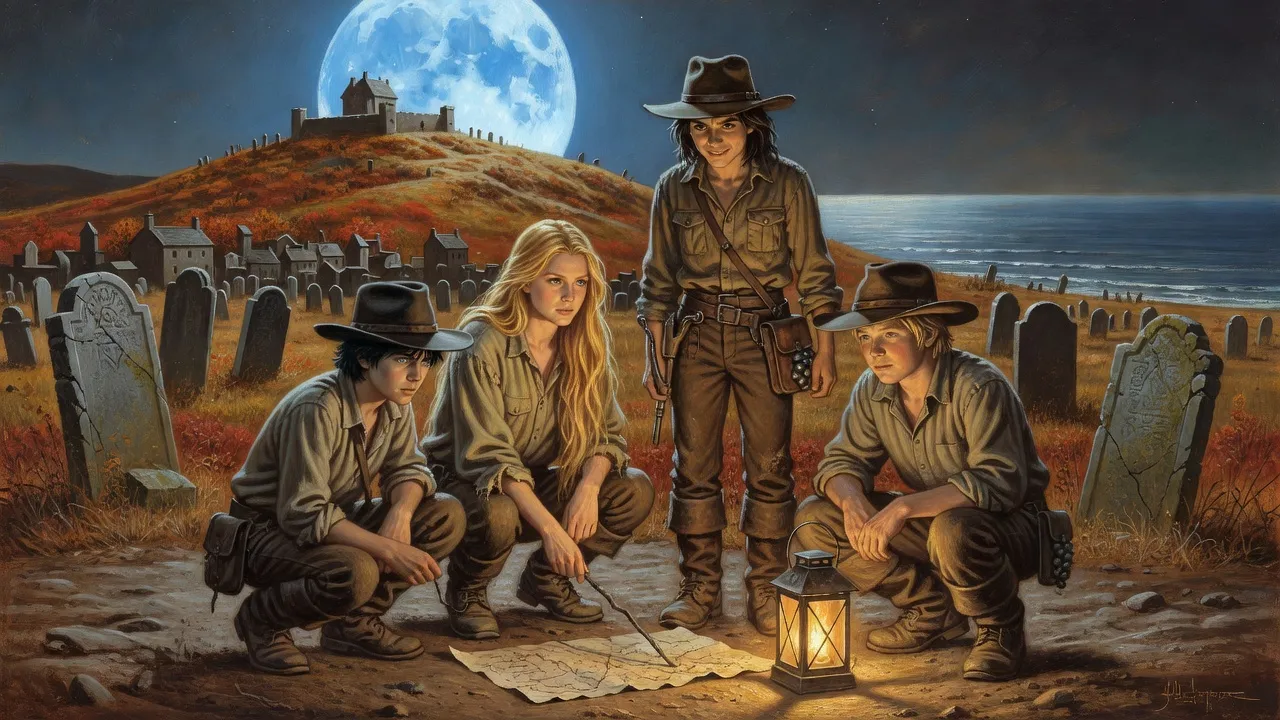 Four young people crouch over a map scratched in the dirt among moonlit gravestones.