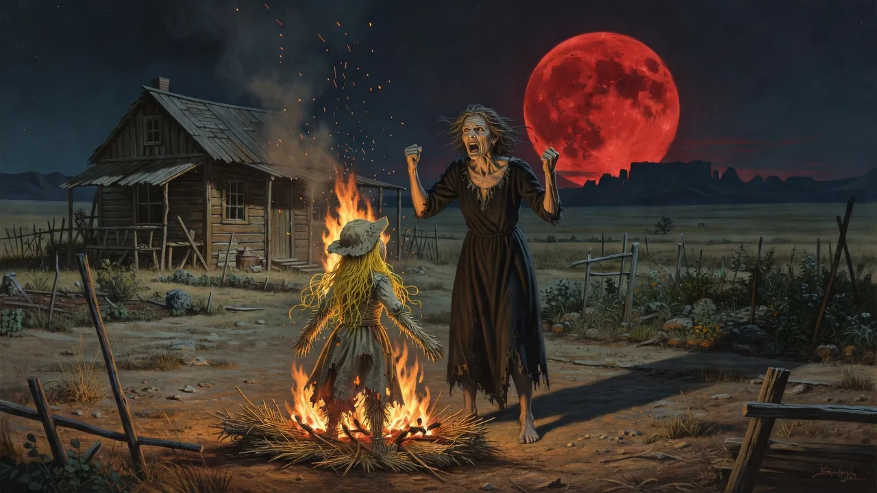 A thin woman screams at a red moon as a straw figure in a dress burns in her garden.