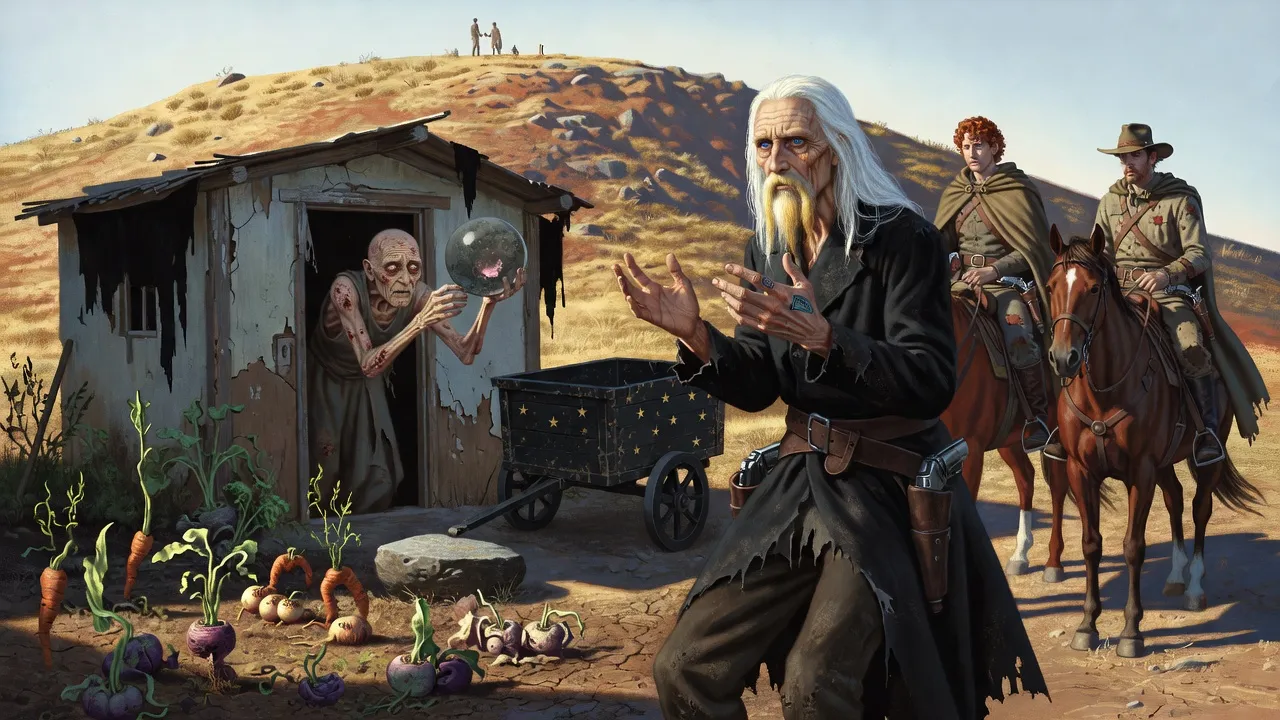 A wasted old woman holds a black glass ball over her head before a hut while a white-haired rider raises his hands.