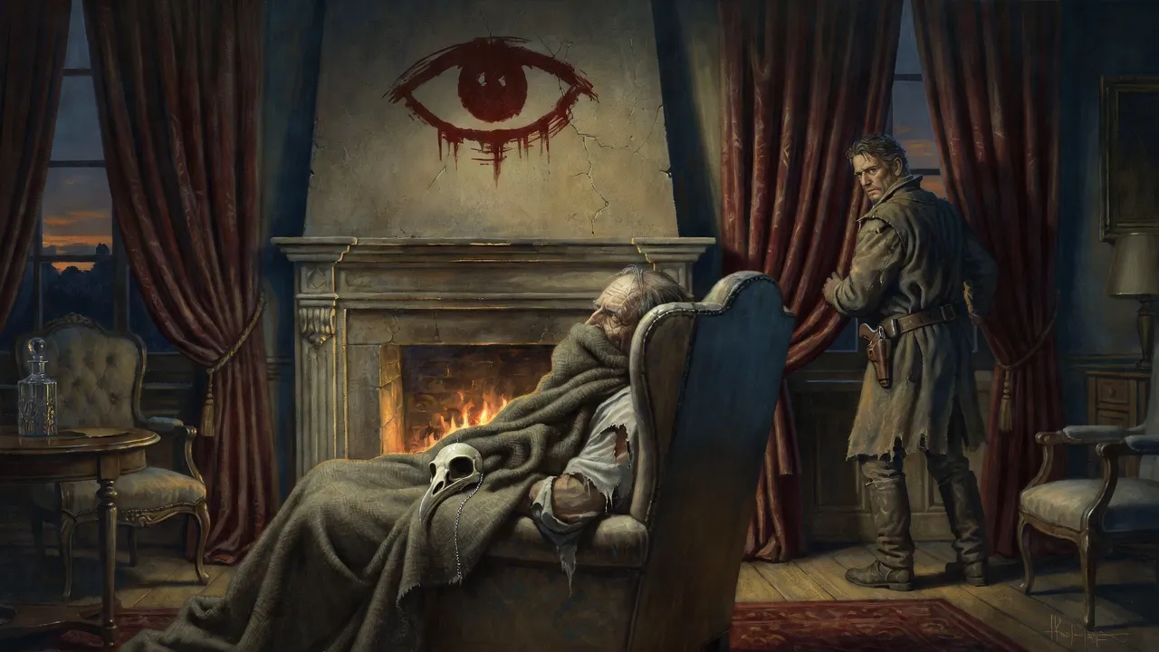 A dead man slumps in a chair by a dying fire with a rook’s skull in his lap and a red eye painted on the wall.