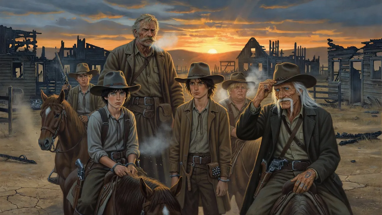Three manacled boys on horseback are led away by mounted ranchers at sunrise while a white-haired man raises his hat.