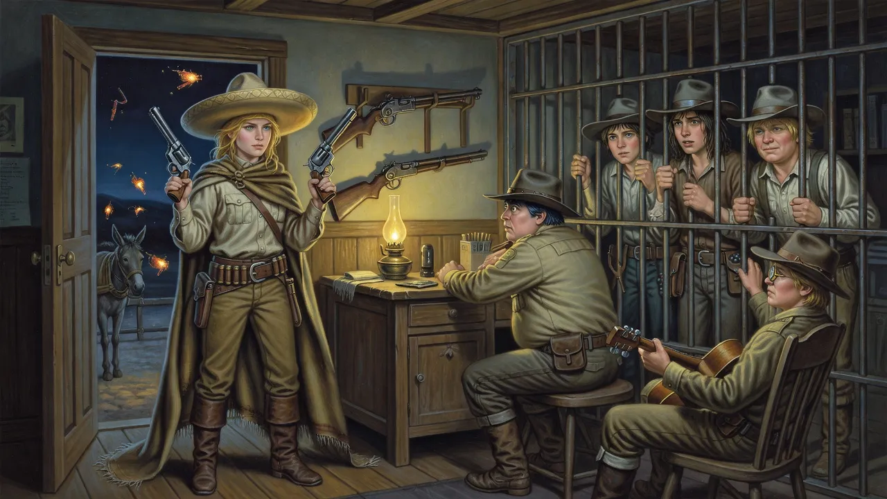 A disguised girl in a serape and sombrero raises a revolver in a lamplit sheriff’s office while three boys watch from a cell.