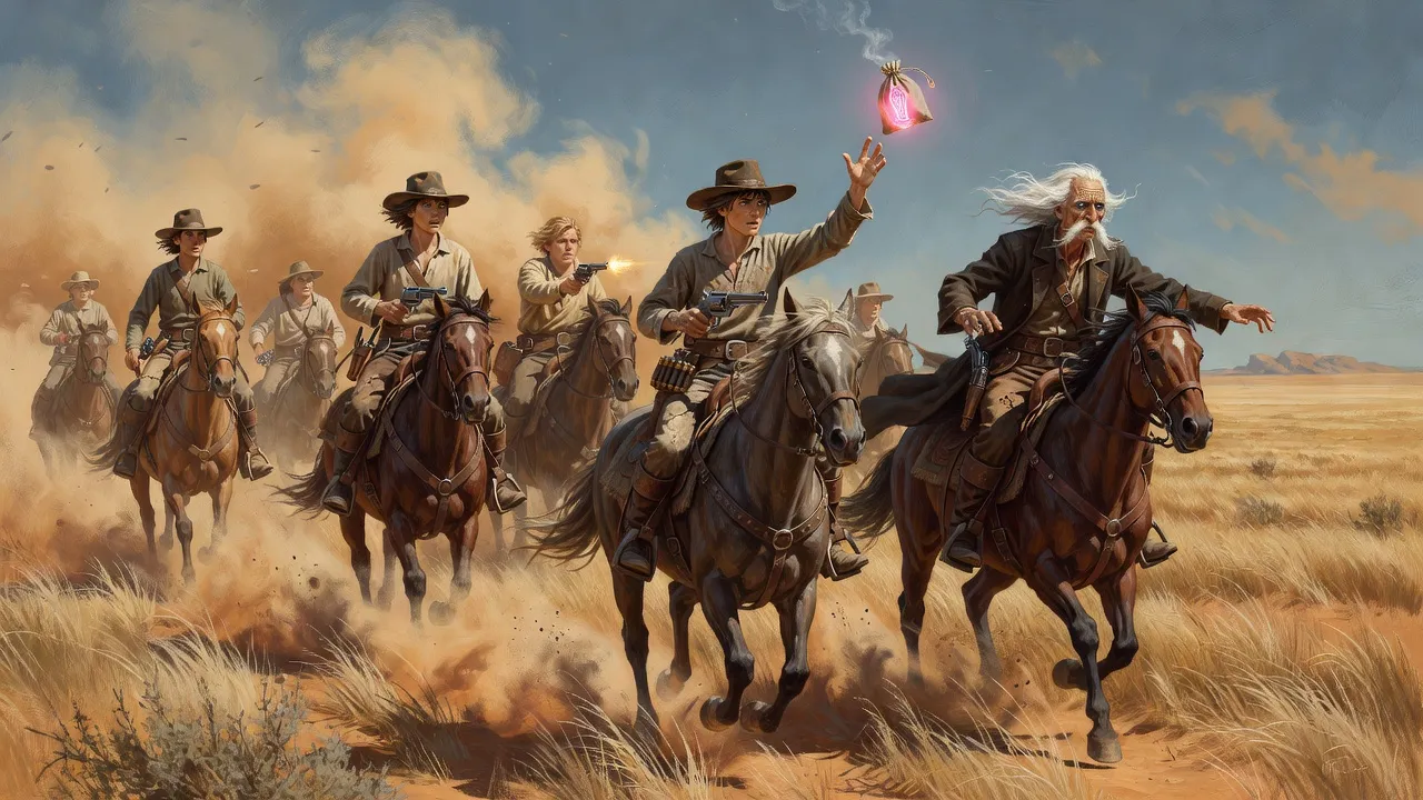 A boy on a galloping horse snatches a glowing bag from the air as a white-haired rider reels beside him.