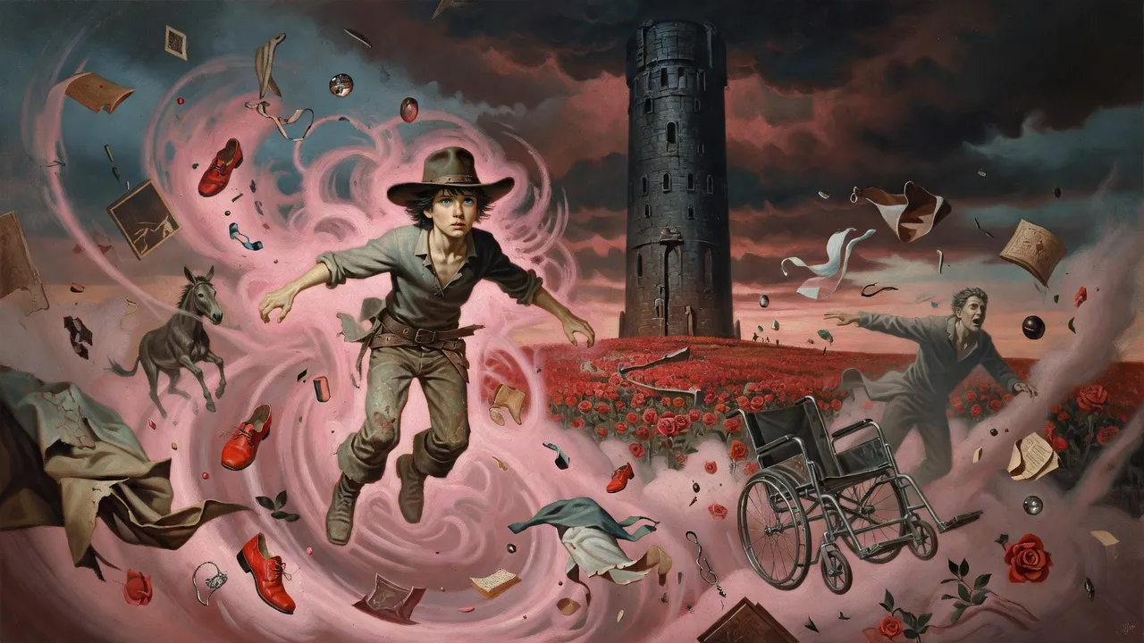 A boy drifts through a pink storm toward a distant dark tower while red shoes tumble past.