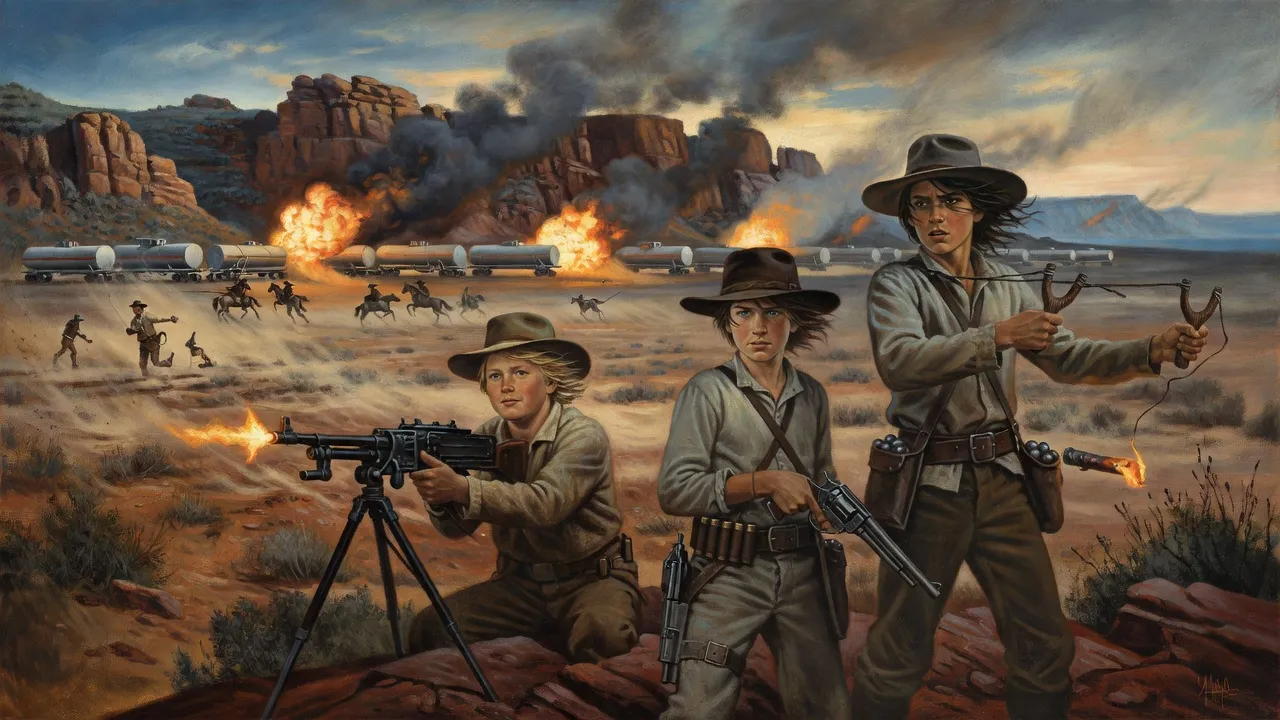 Three boys fire on a row of oil tankers erupting in fireballs beneath rocky bluffs.