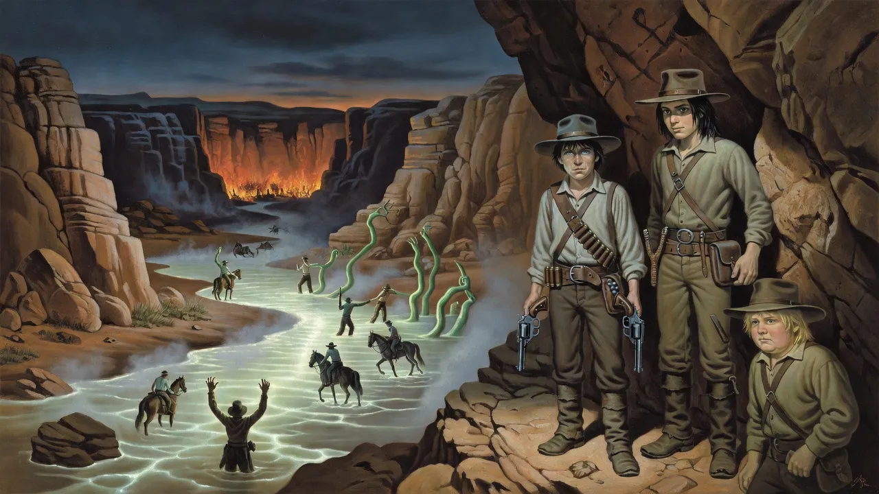From a cleft high in a canyon wall three boys watch riders below being pulled into a green mist behind a wall of fire.