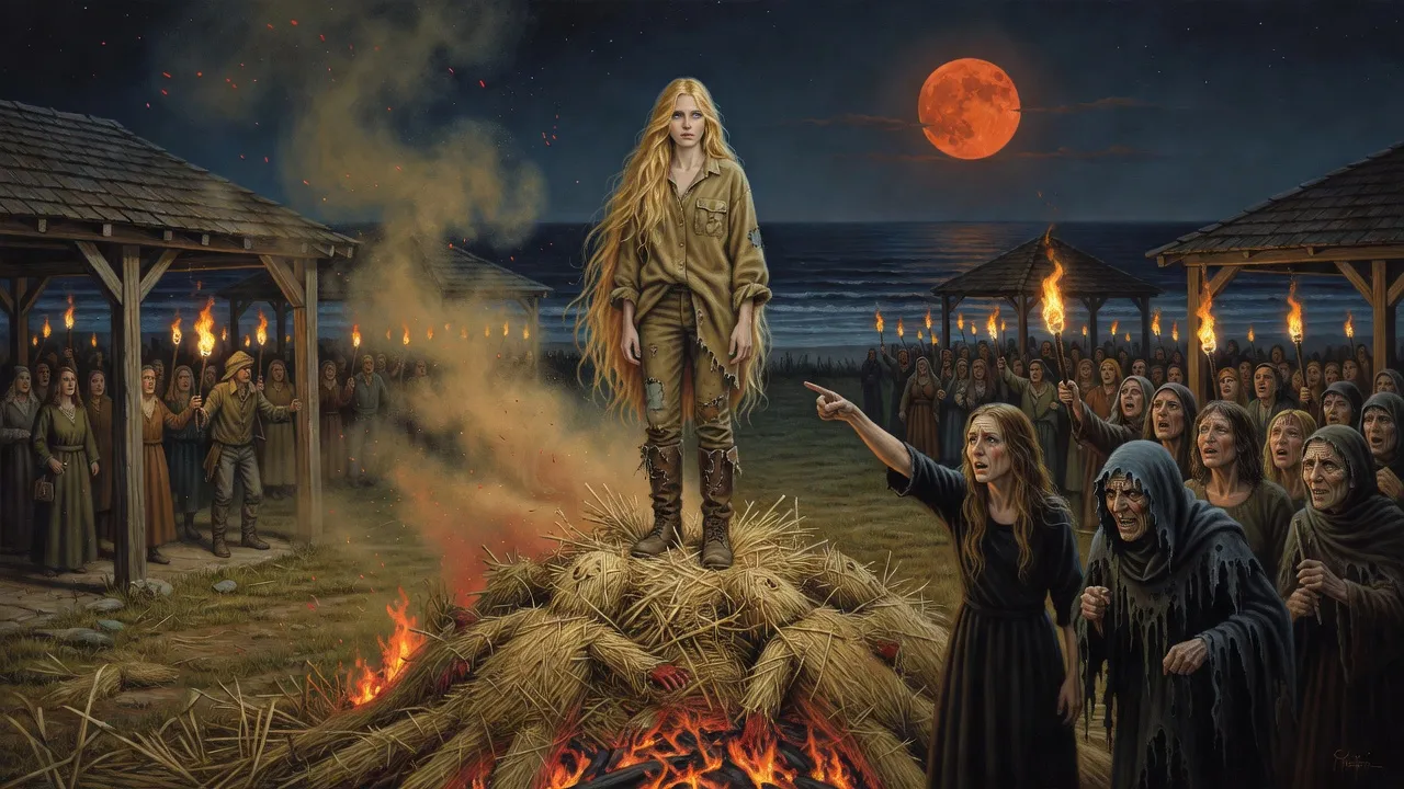 A bound girl stands atop a bonfire among straw figures as a torchlit crowd and an orange moon look on.